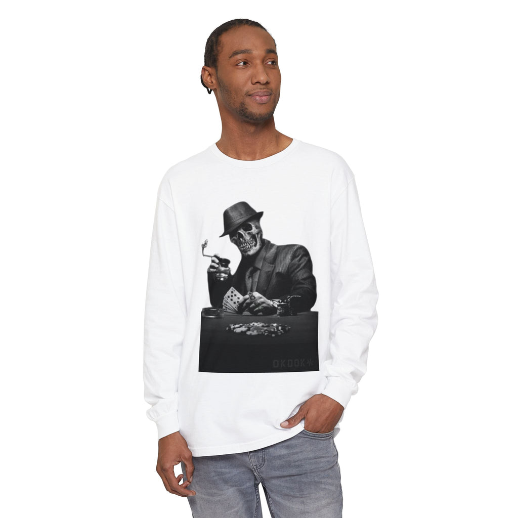 Skeleton Gambler Long Sleeve Tee — "F**k Frontline Dealers" Graphic